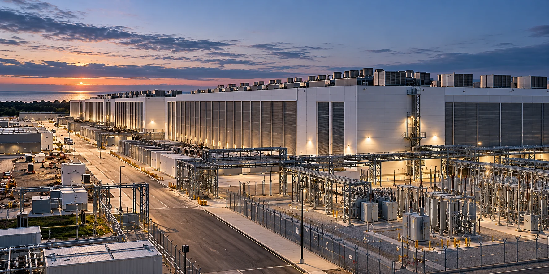 Atmospheric architectural visualization of an illuminated data center campus at dusk beside a lake