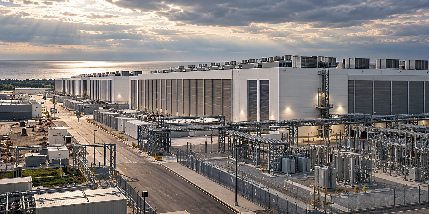 Architectural visualization of monumental data center façades and electrical service infrastructure viewed from a campus road